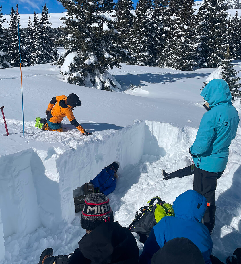 Powder Term students analyzing sections of snow