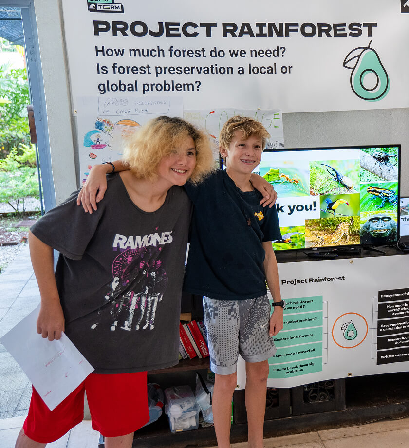 Surf Term students posing in front of a Project Rainforest presentation