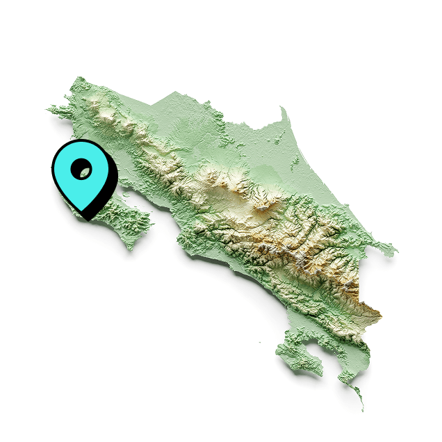A relief map of Costa Rica with a pin showing the Nosara location