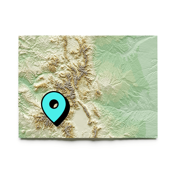 A relief map of Colorado with a pin showing the Durango location